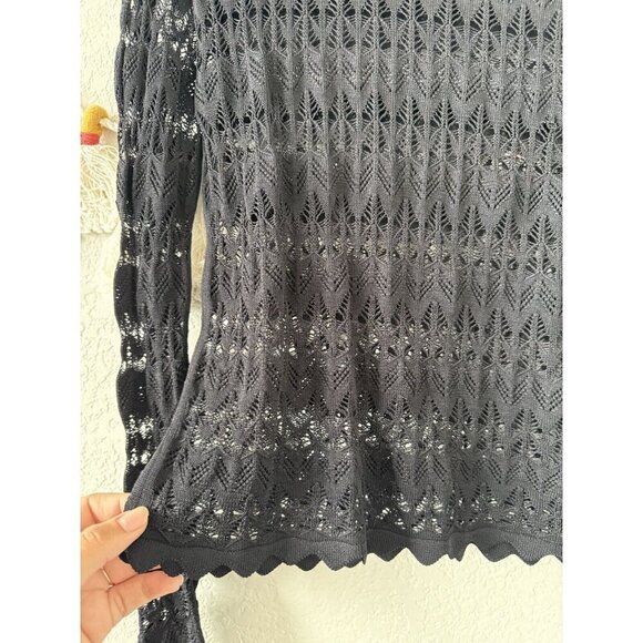 Minnie Rose Black Pointelle Open Knit Sheer Long Sleeve Top Whimsygoth Beach M - Picture 8 of 9